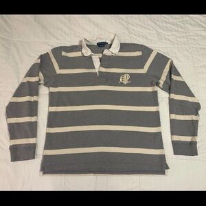 Rare Ralph Lauren Rugby Shirt XL Long Sleeve Polo Crest Grey Cream Striped EUC